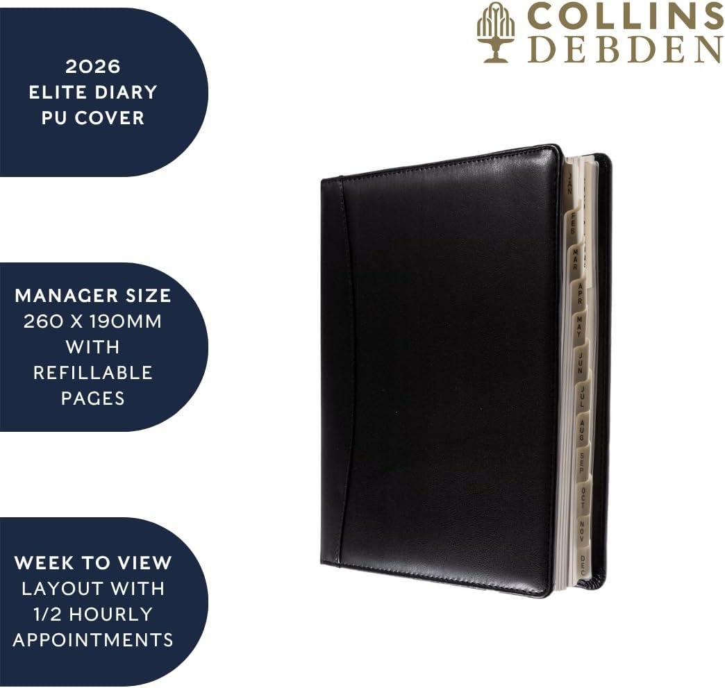 Collins - Elite - Manager 2026 12 Month Calendar Year Planner, Week-To-View with Appointments Diary - Black (1190V.99-26
