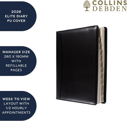 Collins - Elite - Manager 2026 12 Month Calendar Year Planner, Week-To-View with Appointments Diary - Black (1190V.99-26
