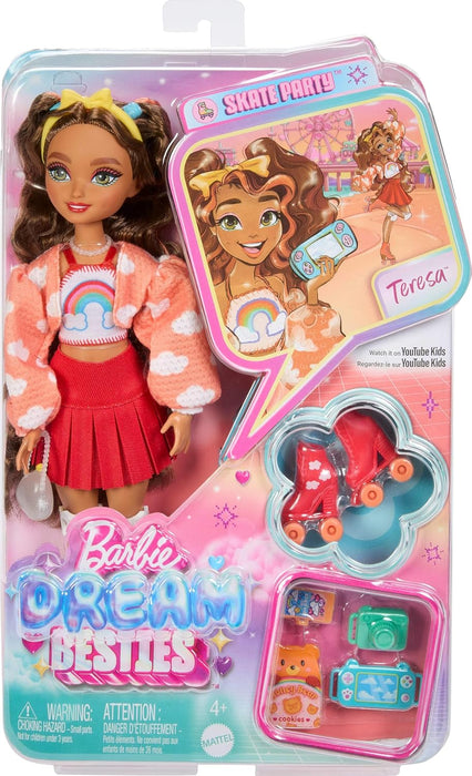 Barbie Dream Besties Doll and Accessories, Teresa Posable Roller Skating Fashion Doll with Brown Hair, 9Video Game Themed Pieces