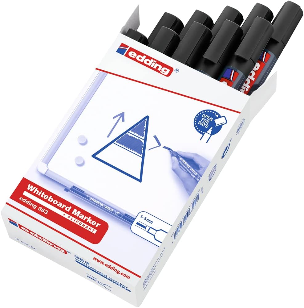 edding 363 whiteboard marker - black - 10 whiteboard pens - chisel tip 1-5 mm - whiteboard pen dry wipe - for whiteboards, flipcharts, pinboards, magnetic and memo boards - sketchnotes - refillable