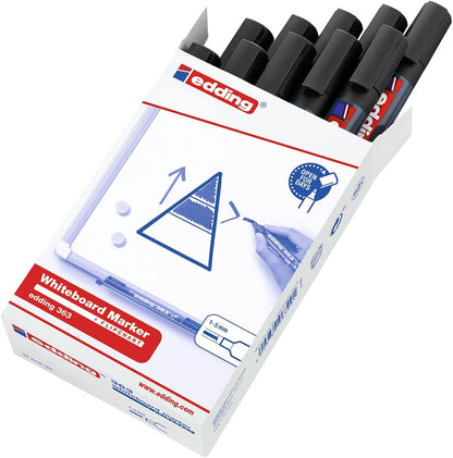 edding 363 whiteboard marker - black - 10 whiteboard pens - chisel tip 1-5 mm - whiteboard pen dry wipe - for whiteboards, flipcharts, pinboards, magnetic and memo boards - sketchnotes - refillable