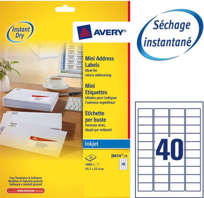 Avery Self Adhesive Address Mailing Labels, Inkjet Printers, 40 Labels per A4 Sheet, 1000 labels, QuickDRY (J8654), white