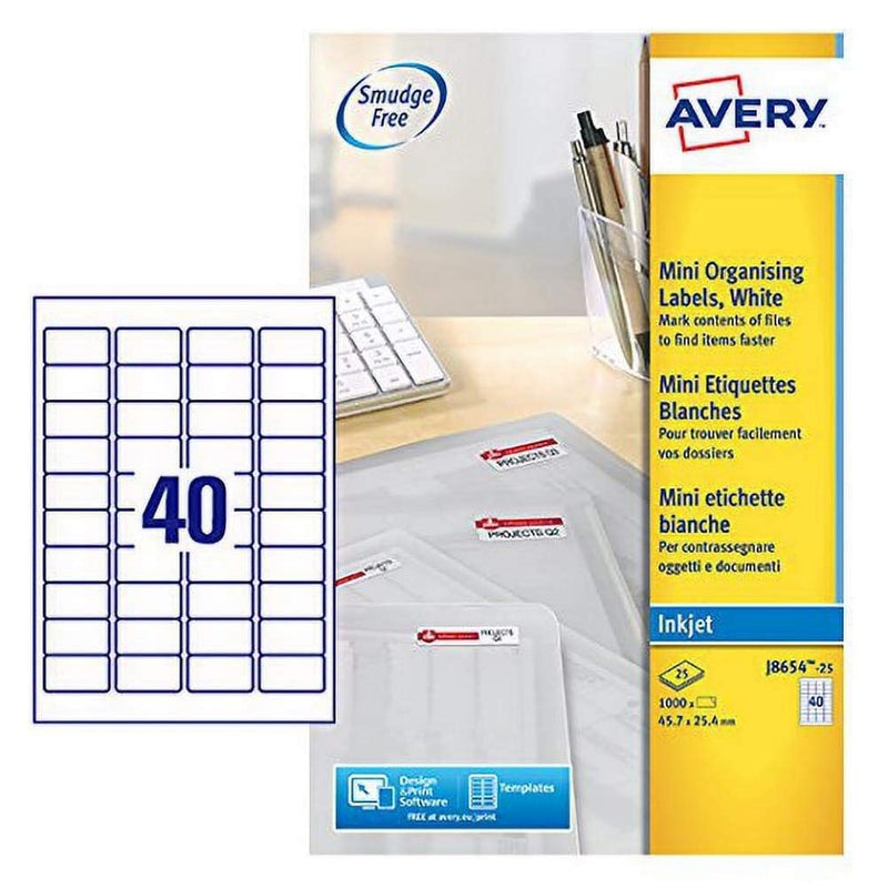 Avery Self Adhesive Address Mailing Labels, Inkjet Printers, 40 Labels per A4 Sheet, 1000 labels, QuickDRY (J8654), white