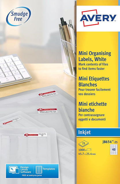 Avery Self Adhesive Address Mailing Labels, Inkjet Printers, 40 Labels per A4 Sheet, 1000 labels, QuickDRY (J8654), white