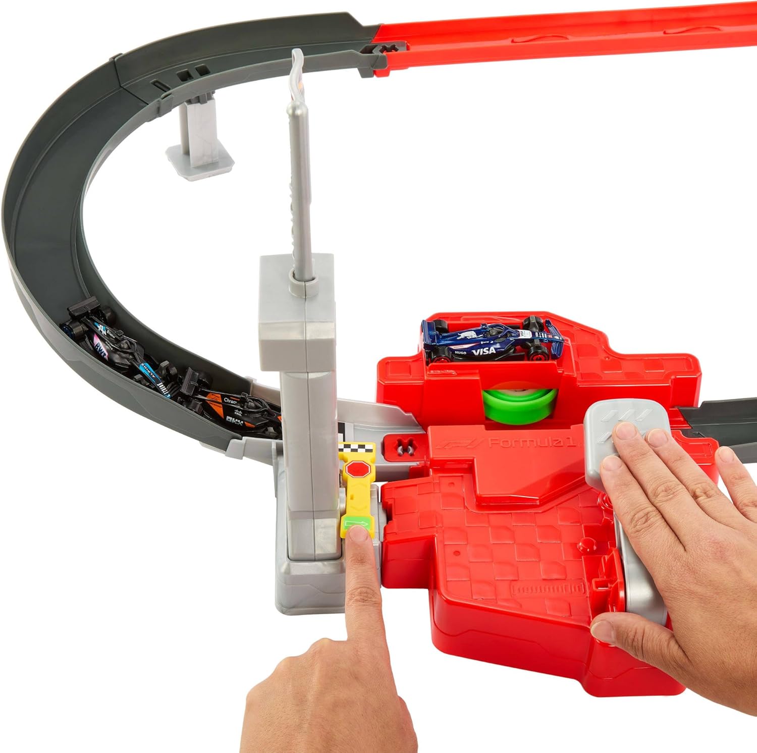 Hot Wheels Racing - Circuito Sprint Formula 1, set pista a due modalità di gioco e con 3 veicoli F1 inclusi, McLaren F1 Team, Alpine e VCARB, giocattolo per bambini, 4+ anni, JDY15
