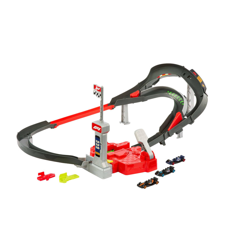 Hot Wheels Racing - Circuito Sprint Formula 1, set pista a due modalità di gioco e con 3 veicoli F1 inclusi, McLaren F1 Team, Alpine e VCARB, giocattolo per bambini, 4+ anni, JDY15