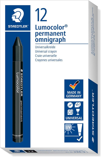 STAEDTLER 236-9 Lumocolor Permanent Omnigraph Smudge-Proof Universal Marking Crayon - Black (Pack of 12