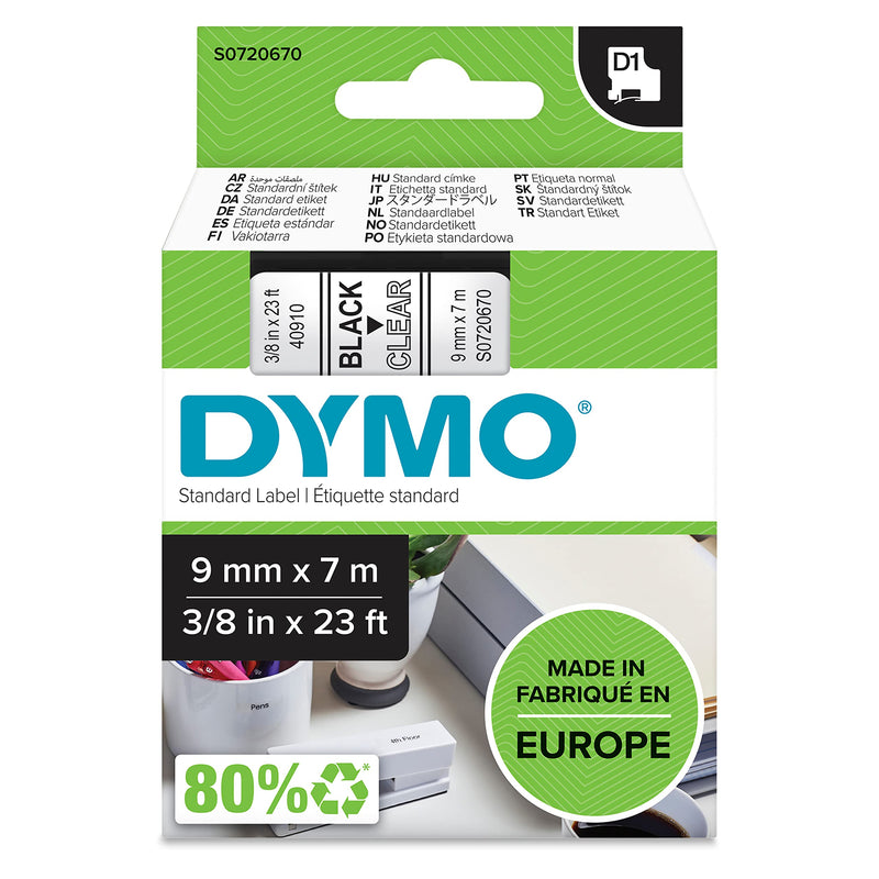 DYMO Authentic D1 Labels | Black Print on Clear Tape | 9 mm x 7 m