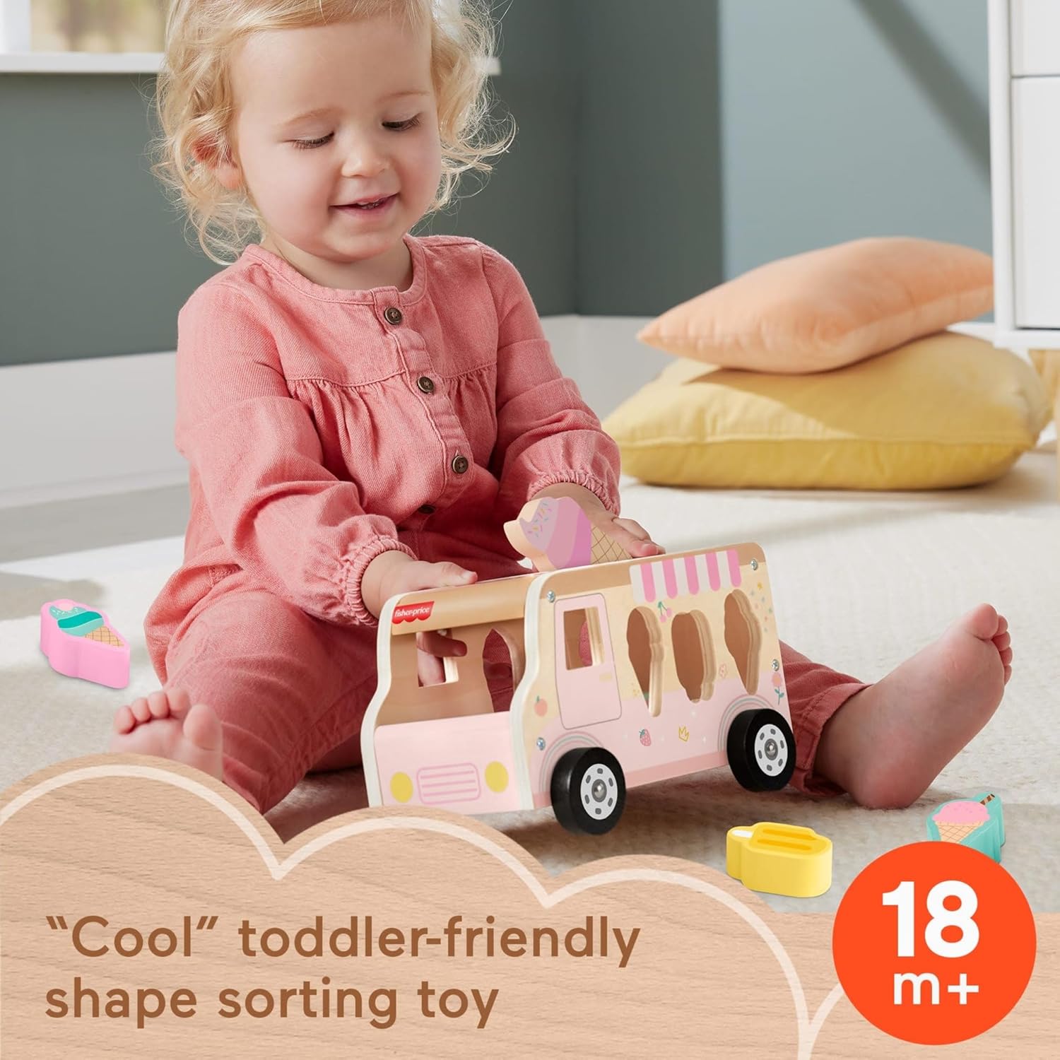 Fisher-Price Wood Toddler Toy Ice Cream Truck Shape Sorter Set, 9 Wooden Pieces for Developmental Play Kids Ages 18+ Months, HXT86