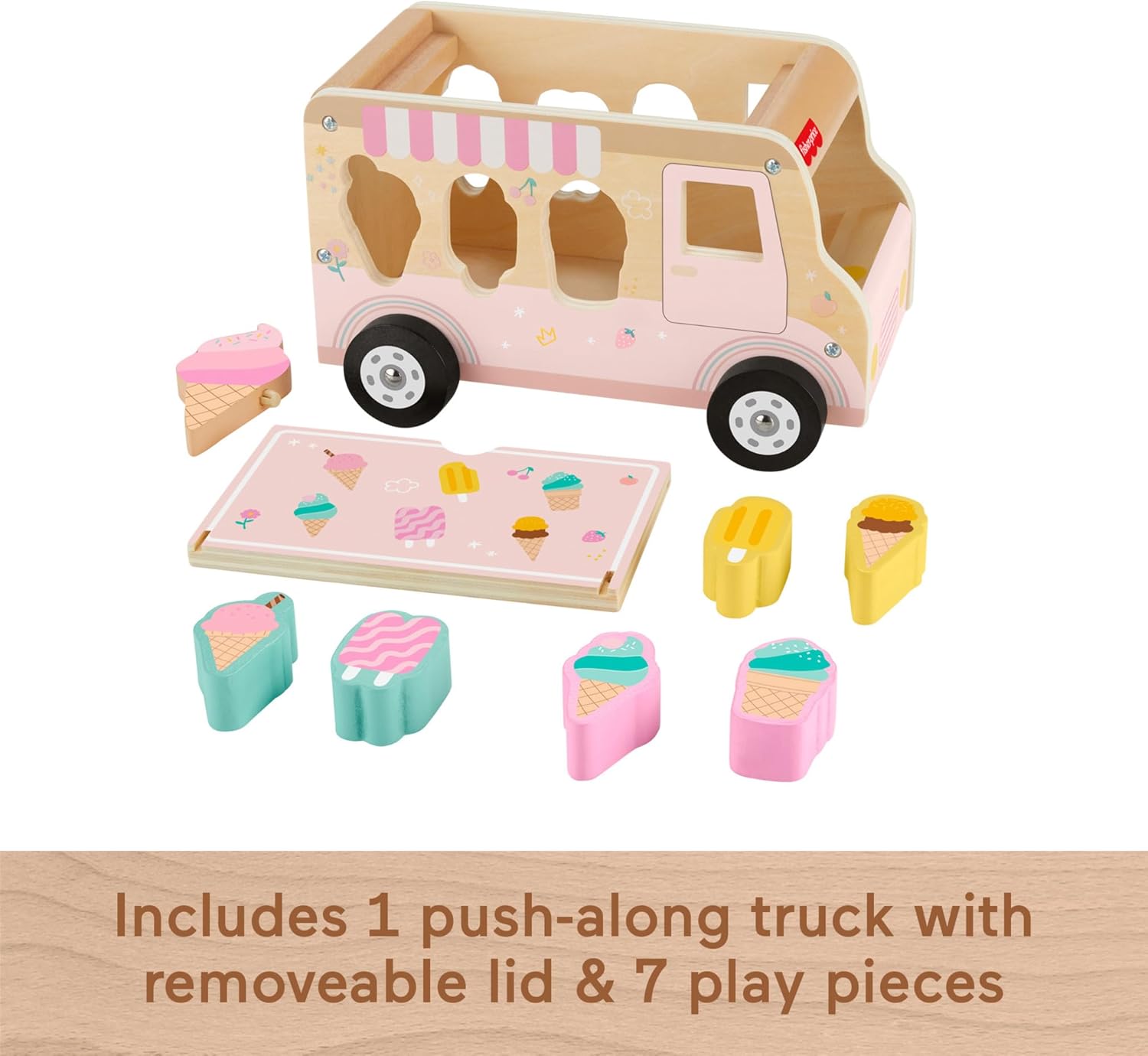Fisher-Price Wood Toddler Toy Ice Cream Truck Shape Sorter Set, 9 Wooden Pieces for Developmental Play Kids Ages 18+ Months, HXT86
