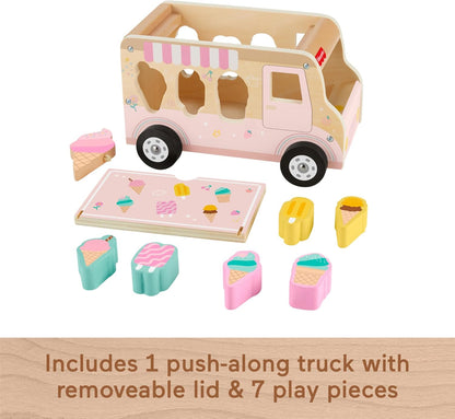 Fisher-Price Wood Toddler Toy Ice Cream Truck Shape Sorter Set, 9 Wooden Pieces for Developmental Play Kids Ages 18+ Months, HXT86