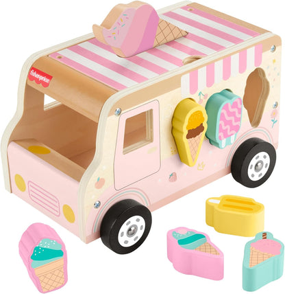 Fisher-Price Wood Toddler Toy Ice Cream Truck Shape Sorter Set, 9 Wooden Pieces for Developmental Play Kids Ages 18+ Months, HXT86