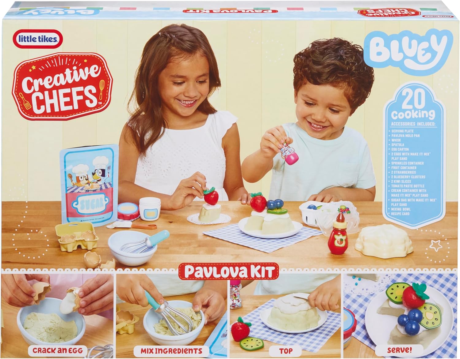 Little Tikes Creative Chefs Bluey Pavlova Kit - Viene con Make It Mix y 15 Accesorios Realistas, Juego de Cocina de Simulación, NO Comestible, Adecuado para Niños y Niñas Mayores de 3 Años