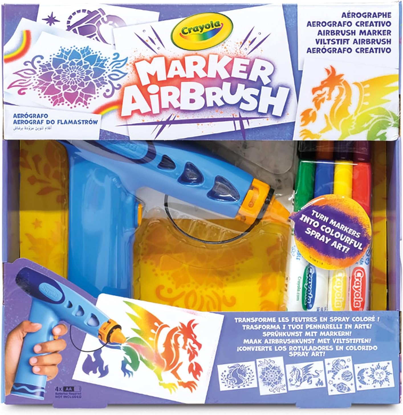 CRAYOLA Marker Airbrush | Turn Markers into Colourful Spray Art! | Includes 8 Washable Markers & Stencils for Kids Ages 6+