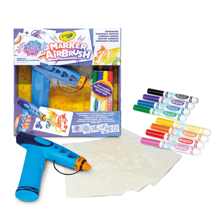 CRAYOLA Marker Airbrush | Turn Markers into Colourful Spray Art! | Includes 8 Washable Markers & Stencils for Kids Ages 6+