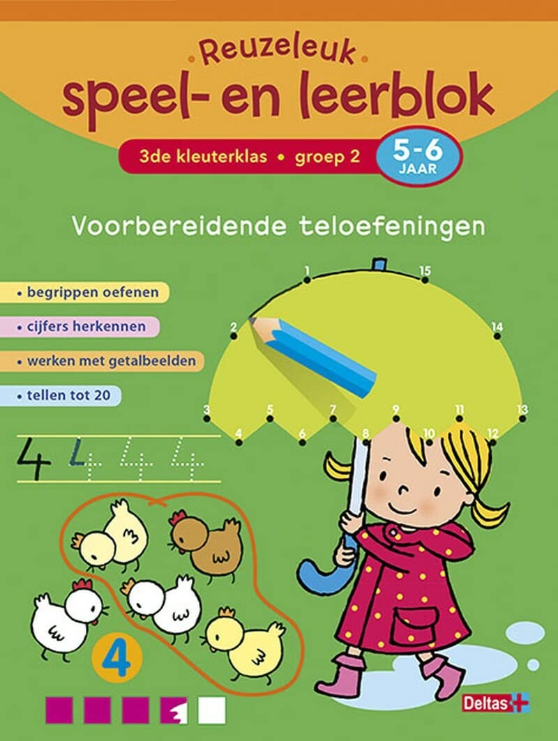 3de kleuterklas; Groep 2; 5-6 jaar: Begrippen oefenen - cijfers herkennen - werken met getalbeelden - tellen tot 20 (Reuzeleuk speel- en leerblok: voorbereidende teloefeningen