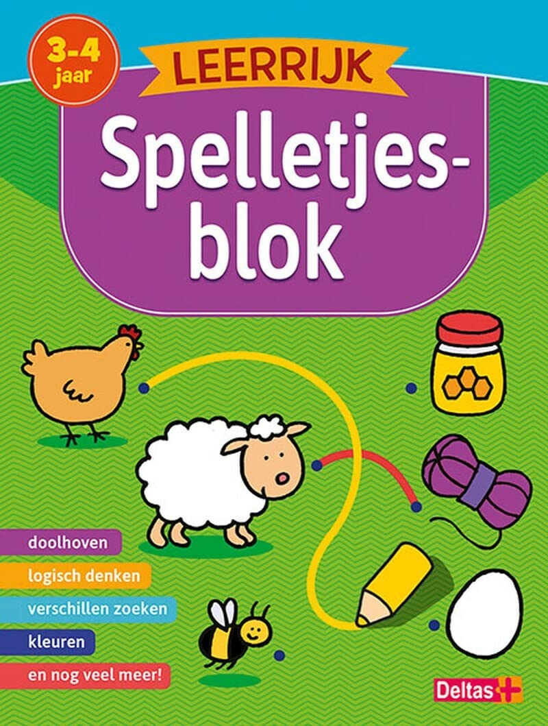 Leerrijk spelletjesblok (3-4 j.): doolhoven - logisch denken - verschillen zoeken - kleuren en nog veel meer!