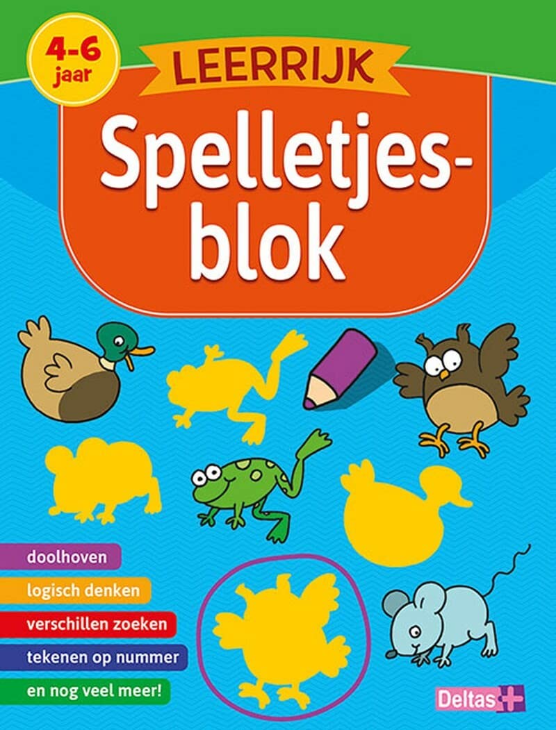 Leerrijk spelletjesblok (4-6 j.): doolhoven - logisch denken - verschillen zoeken - tekenen op nummer en nog veel meer!