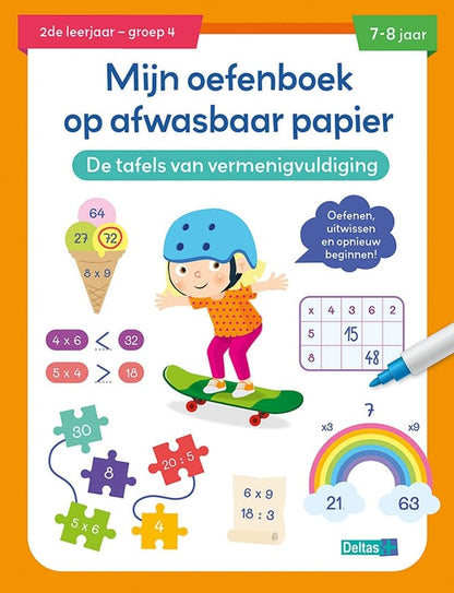 Mijn oefenboek op afwasbaar papier Tafels van vermenigvuldiging (7-8 j.): Oefenen, uitwissen en opnieuw beginnen!