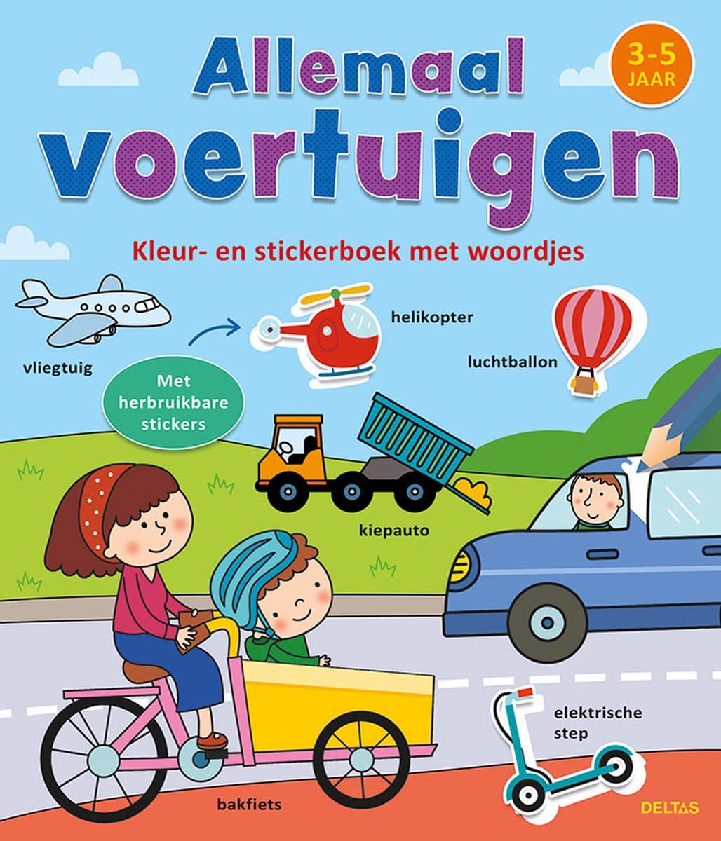 Kleur- en stickerboek met woordjes - Allemaal voertuigen (3-5 j.