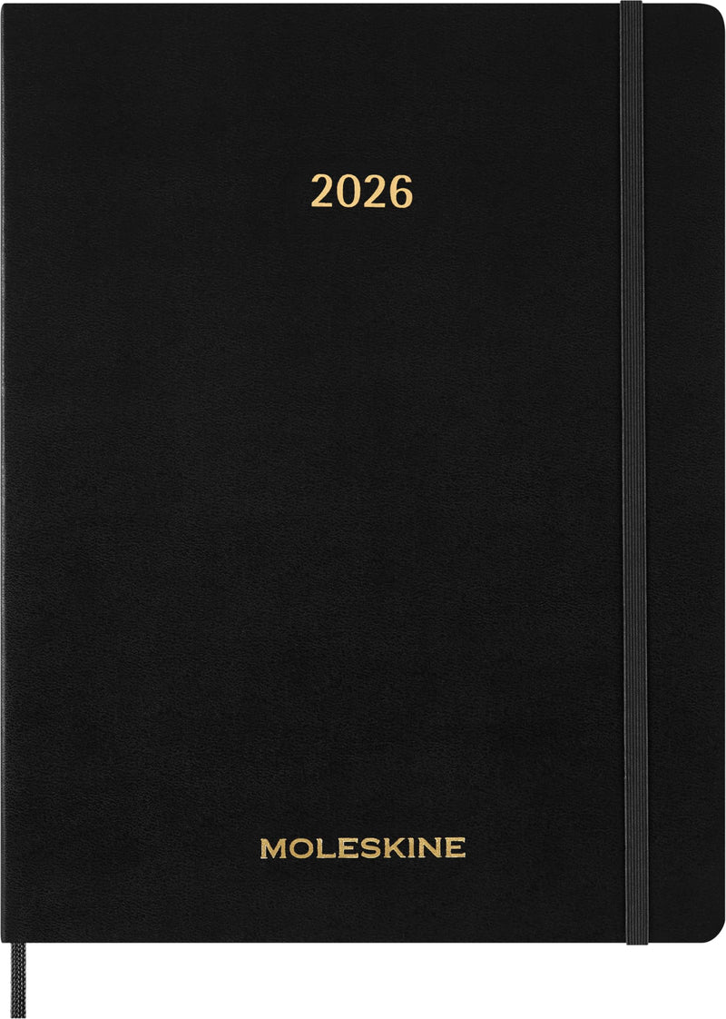Moleskine Essential Planner 2025-2026, 15-Month Vertical Weekly Diary with Daily Time Slots, Flexible Cover, Black Color, XXL Size 23.5x28.14