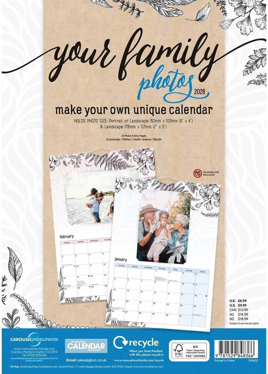 Carousel Worldwide, Your Family Photos 2026 A4 Wall Calendar