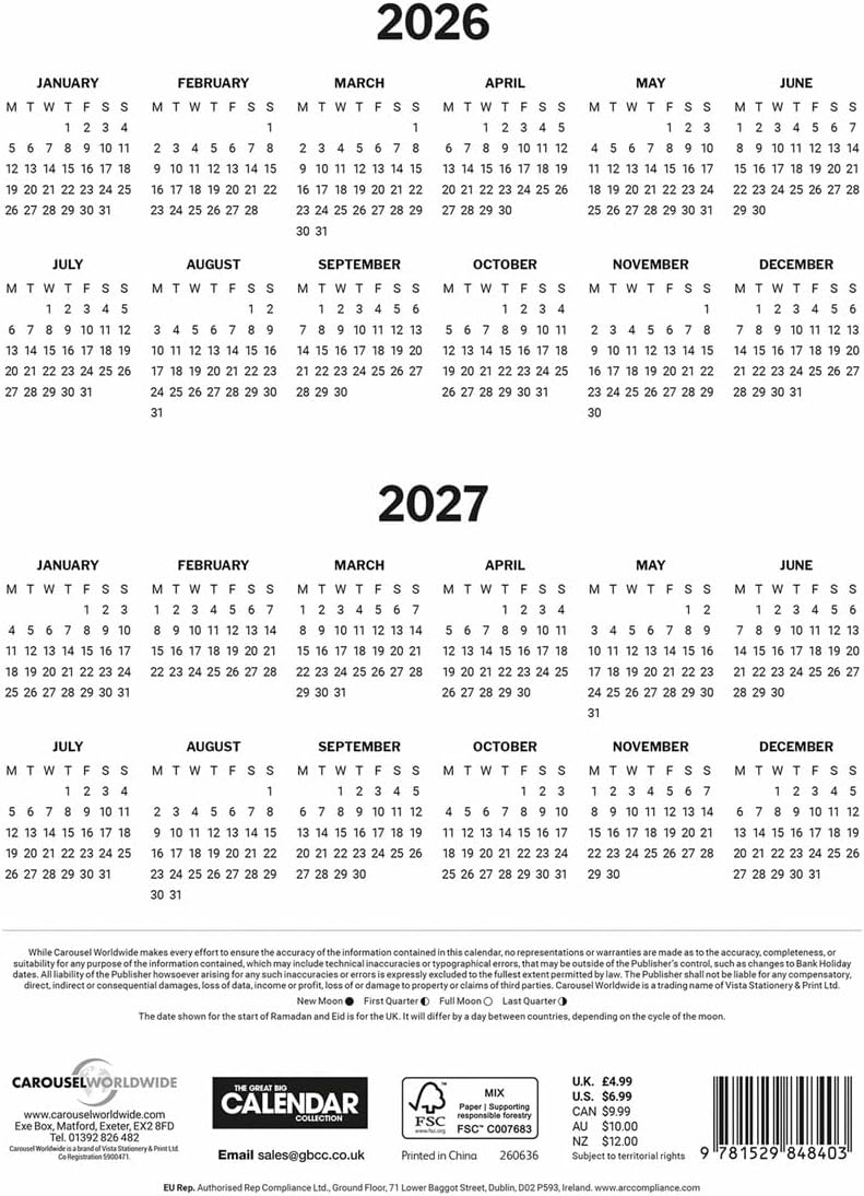 Carousel Worldwide, Red & Black Monthly Engagement Portrait 2026 A4 Wall Calendar