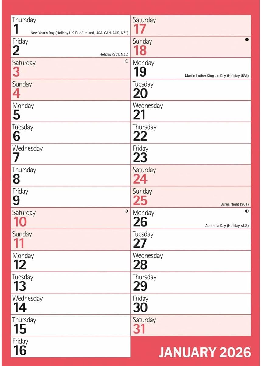 Carousel Worldwide, Red & Black Monthly Engagement Portrait 2026 A4 Wall Calendar