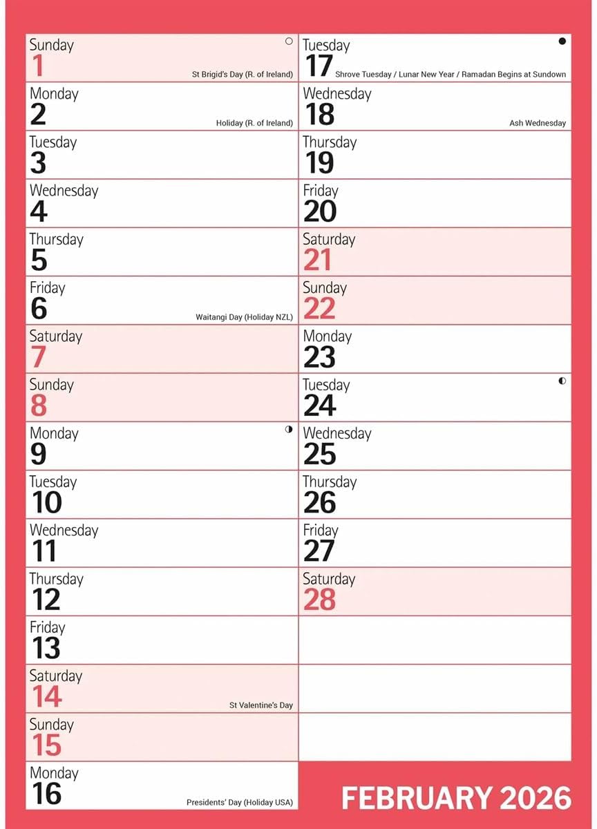 Carousel Worldwide, Red & Black Monthly Engagement Portrait 2026 A4 Wall Calendar