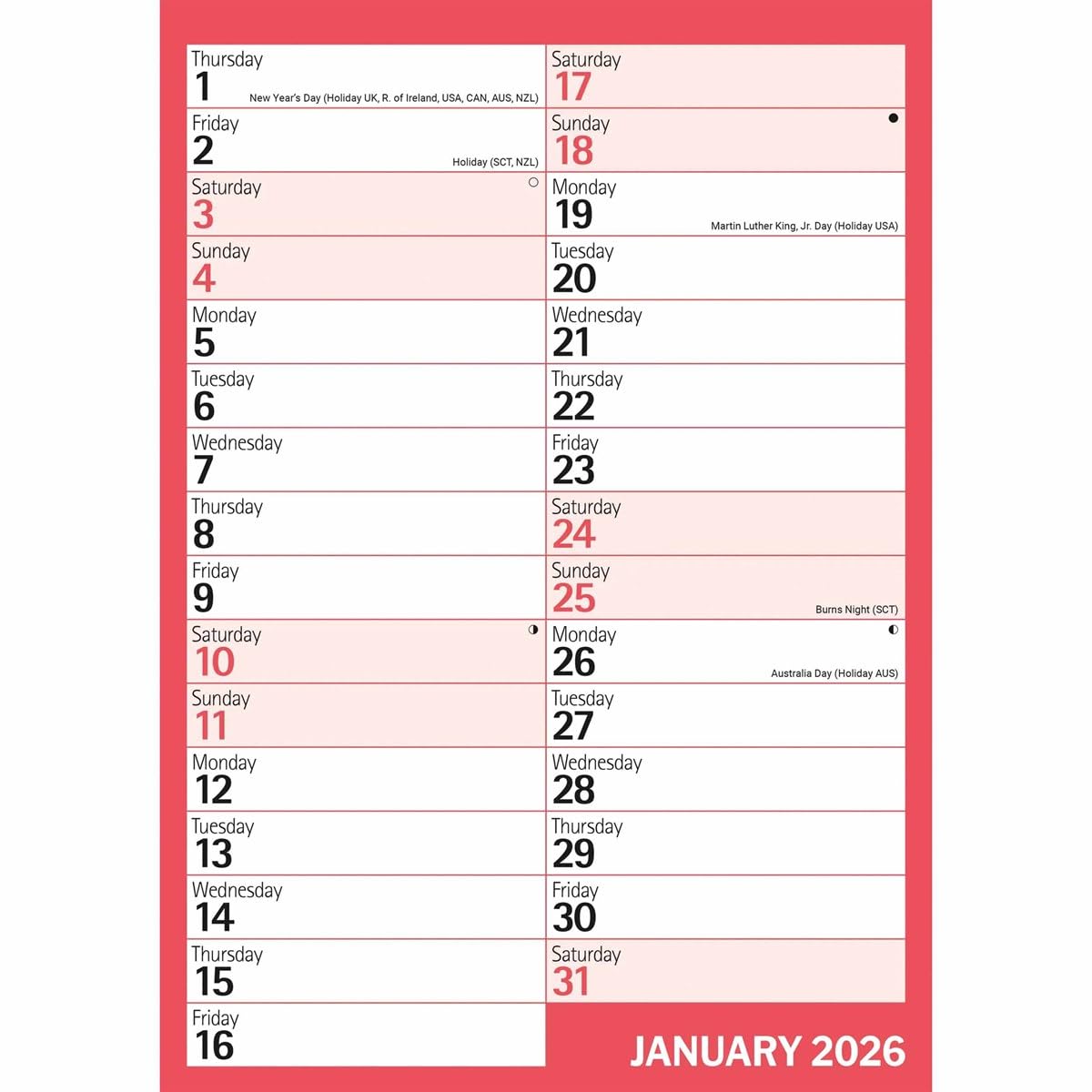 Carousel Worldwide, Red & Black Monthly Engagement Portrait 2026 A4 Wall Calendar