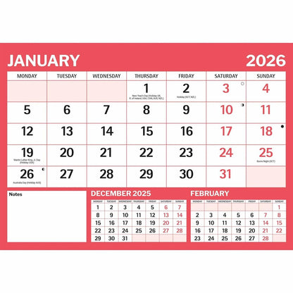 Carousel Worldwide, Red & Black Large Boldtype Landscape 2026 A4 Wall Calendar