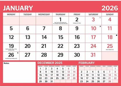 Carousel Worldwide, Red & Black Large Boldtype Landscape 2026 A4 Wall Calendar