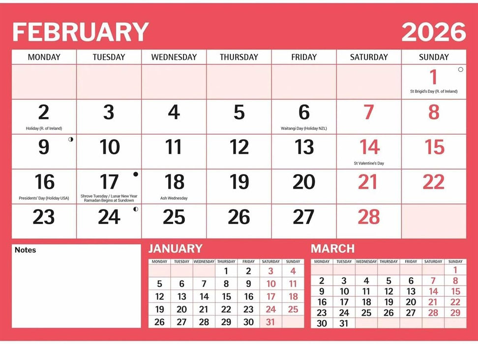 Carousel Worldwide, Red & Black Large Boldtype Landscape 2026 A4 Wall Calendar