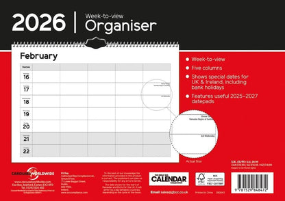 Carousel Worldwide, Essential Week-to-view 2026 A4 Wall Calendar Planner