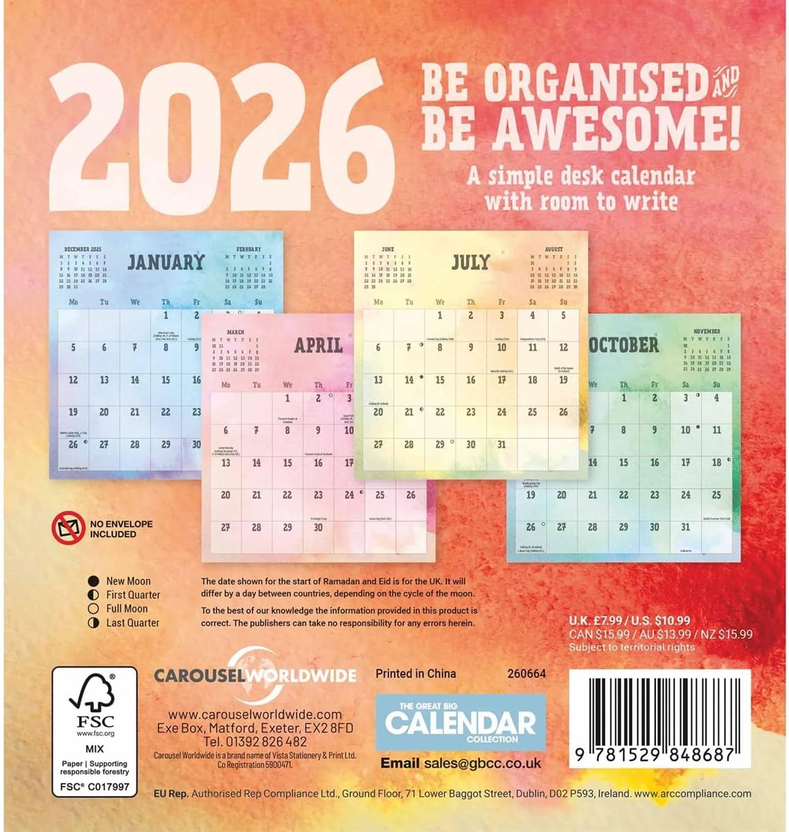 Carousel Worldwide, Be Organised and Be Awesome 2026 Easel Desk Calendar