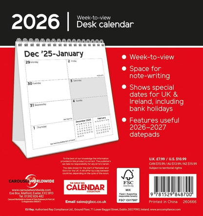 Carousel Worldwide, Essential Week-to-view 2026 Easel Desk Calendar