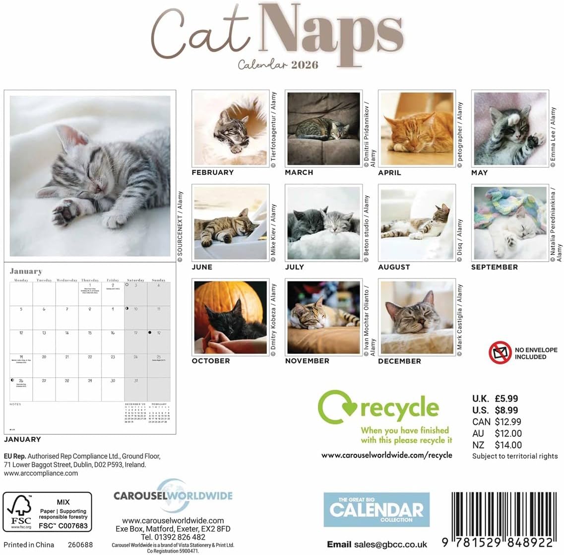 Carousel Worldwide, Cat Naps 2026 Mini Wall Calendar