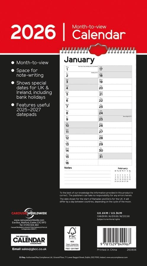 Carousel Worldwide, Essential Month-to-view 2026 Slim Wall Calendar