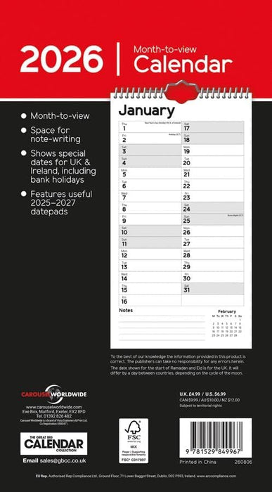 Carousel Worldwide, Essential Month-to-view 2026 Slim Wall Calendar
