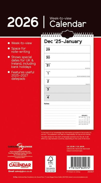 Carousel Worldwide, Essential Week-to-view 2026 Slim Wall Calendar