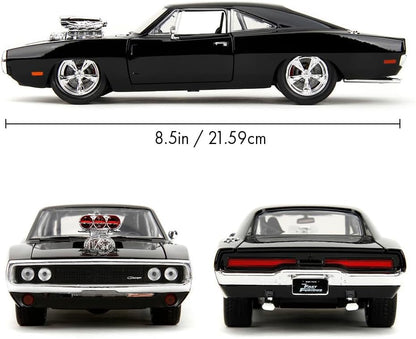 Jada Toys - Fast and Furious Auto Dom`s Dodge Charger Street (1:24, schwarz) - Modellauto 1970 Dodge Charger R/T aus Fast & Furious, Spielzeugauto aus Metall ab 8 Jahre mit Teilen zum Öffnen, 19cm