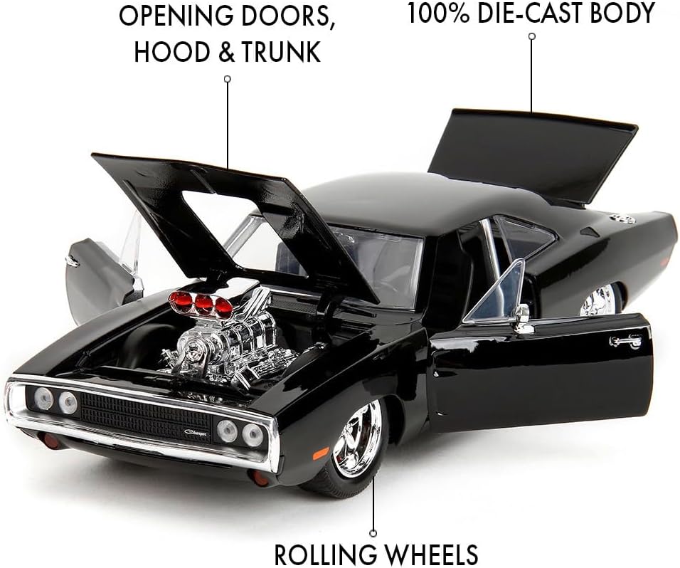 Jada Toys - Fast and Furious Auto Dom`s Dodge Charger Street (1:24, schwarz) - Modellauto 1970 Dodge Charger R/T aus Fast & Furious, Spielzeugauto aus Metall ab 8 Jahre mit Teilen zum Öffnen, 19cm