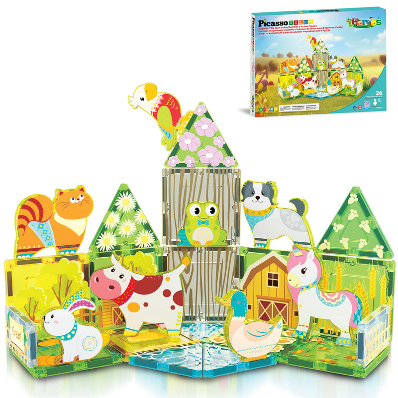 PicassoTiles Bloques de construcción de azulejos magnéticos impresos con temática de granja de otoño con 8 figuras de acción de personajes de animales de granja, azulejos magnéticos, juego divertido