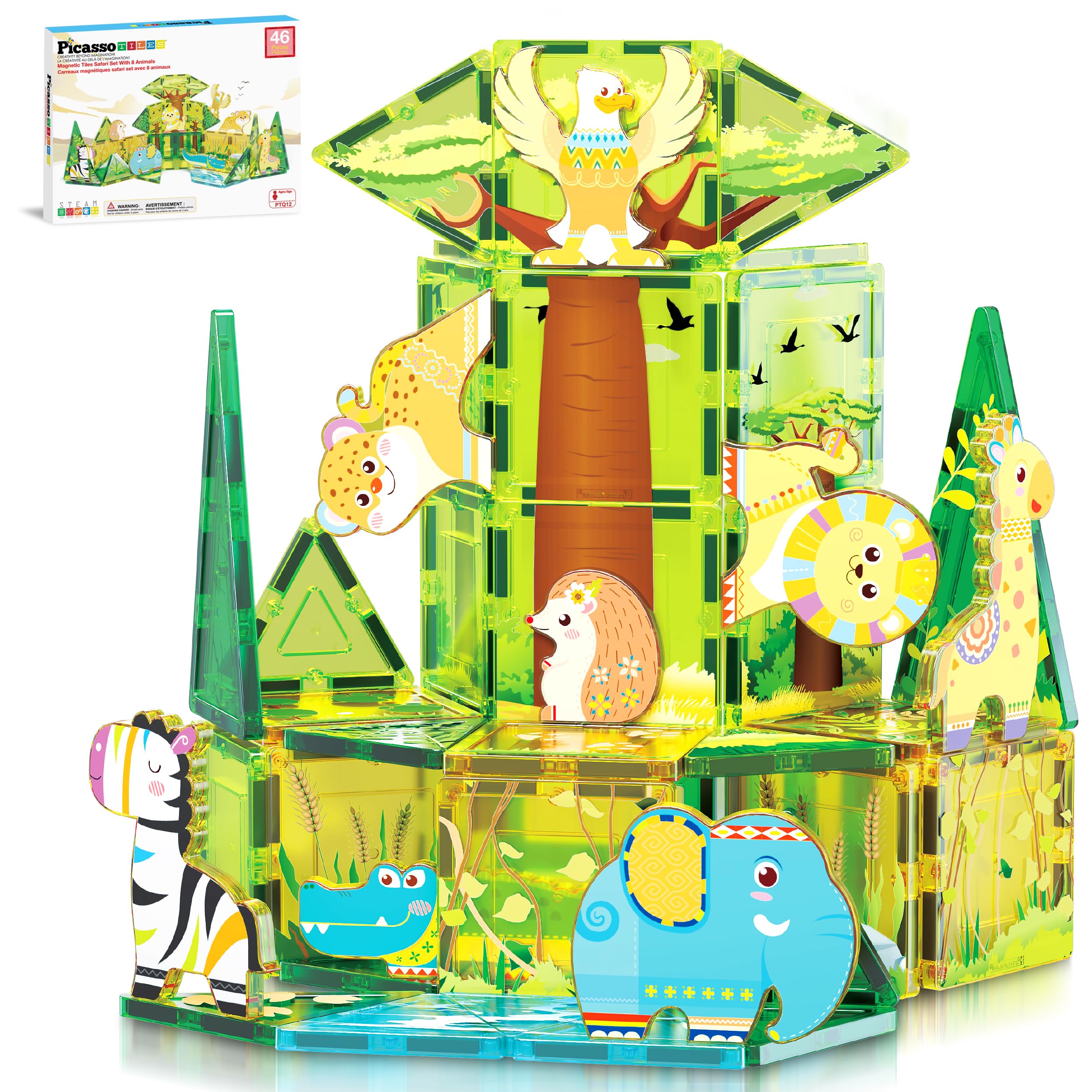 PicassoTiles PTQ12 Magneettegels, bouwblok, safari-themaset met 8 compatibele magnetische dierenactiefiguren, bouwblokken voor peuters, creatieve speelgoed, STEAM educatieve leervaardigheden, leeftijd