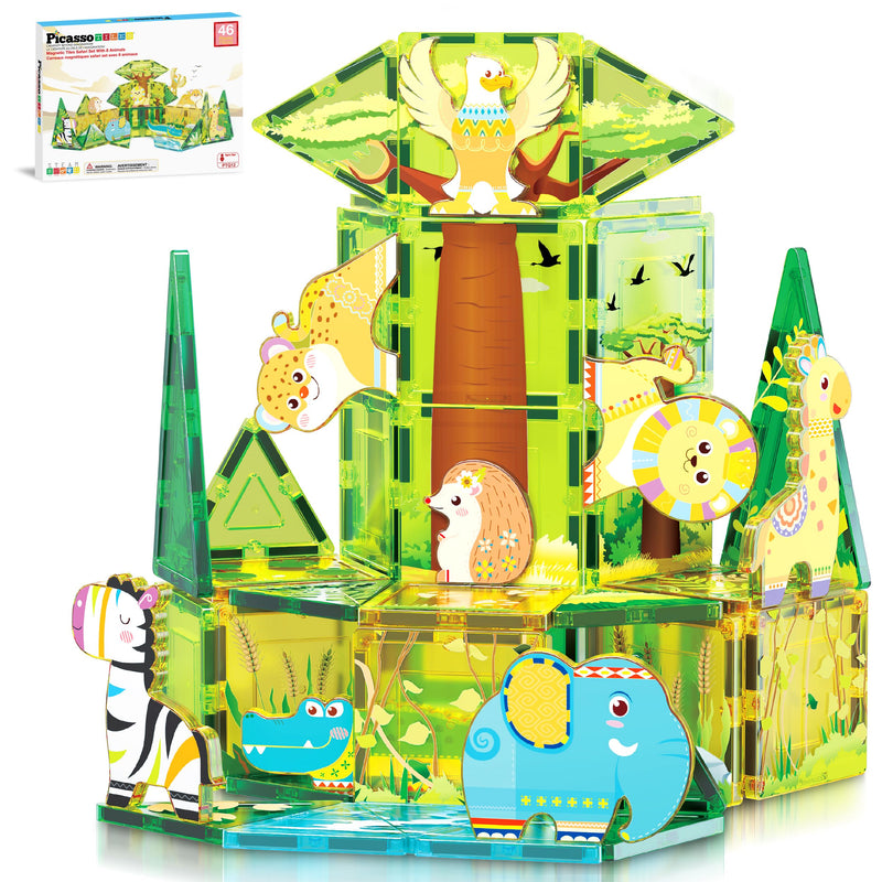 PicassoTiles PTQ12 Magneettegels, bouwblok, safari-themaset met 8 compatibele magnetische dierenactiefiguren, bouwblokken voor peuters, creatieve speelgoed, STEAM educatieve leervaardigheden, leeftijd