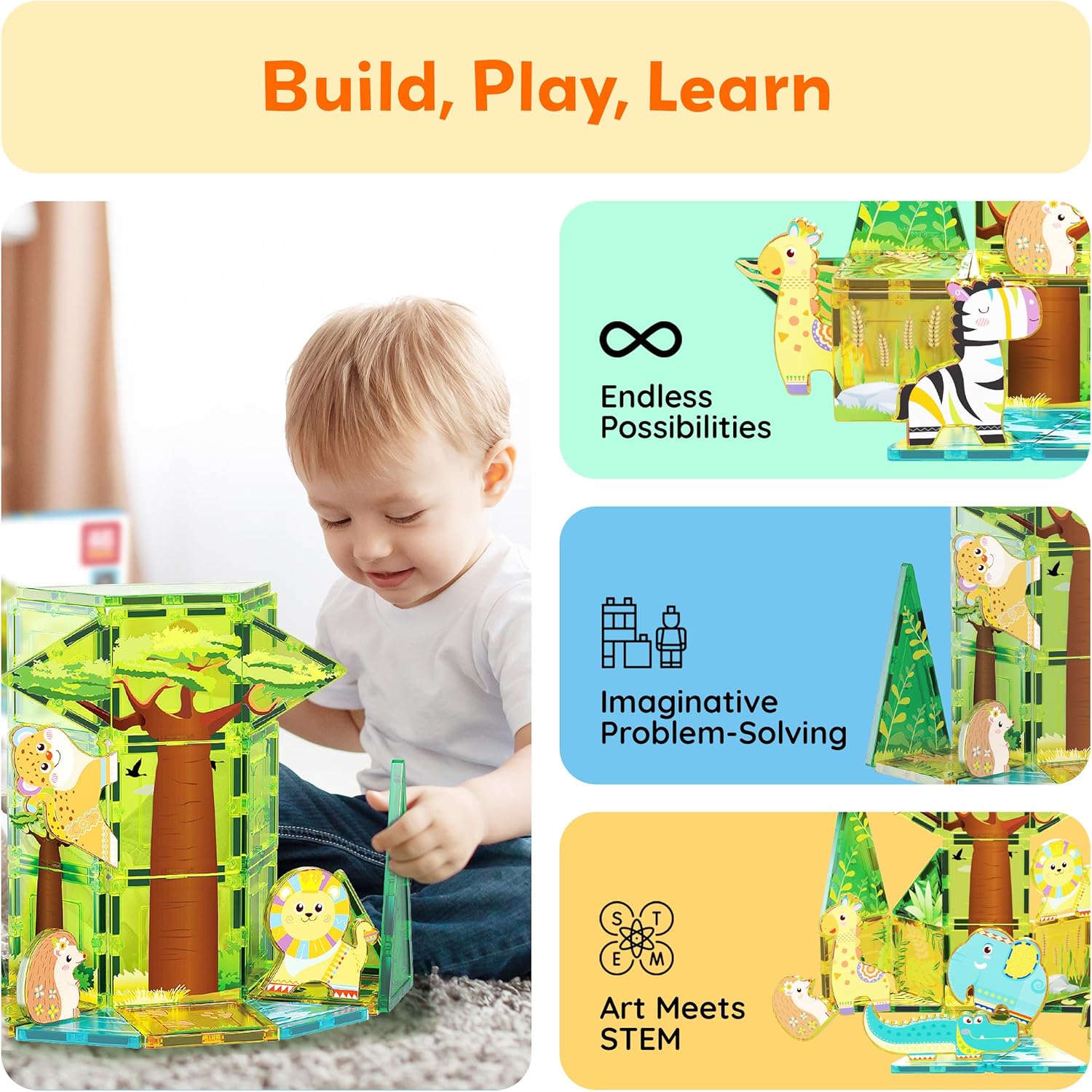 PicassoTiles PTQ12 Magneettegels, bouwblok, safari-themaset met 8 compatibele magnetische dierenactiefiguren, bouwblokken voor peuters, creatieve speelgoed, STEAM educatieve leervaardigheden, leeftijd