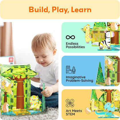 PicassoTiles PTQ12 Magneettegels, bouwblok, safari-themaset met 8 compatibele magnetische dierenactiefiguren, bouwblokken voor peuters, creatieve speelgoed, STEAM educatieve leervaardigheden, leeftijd