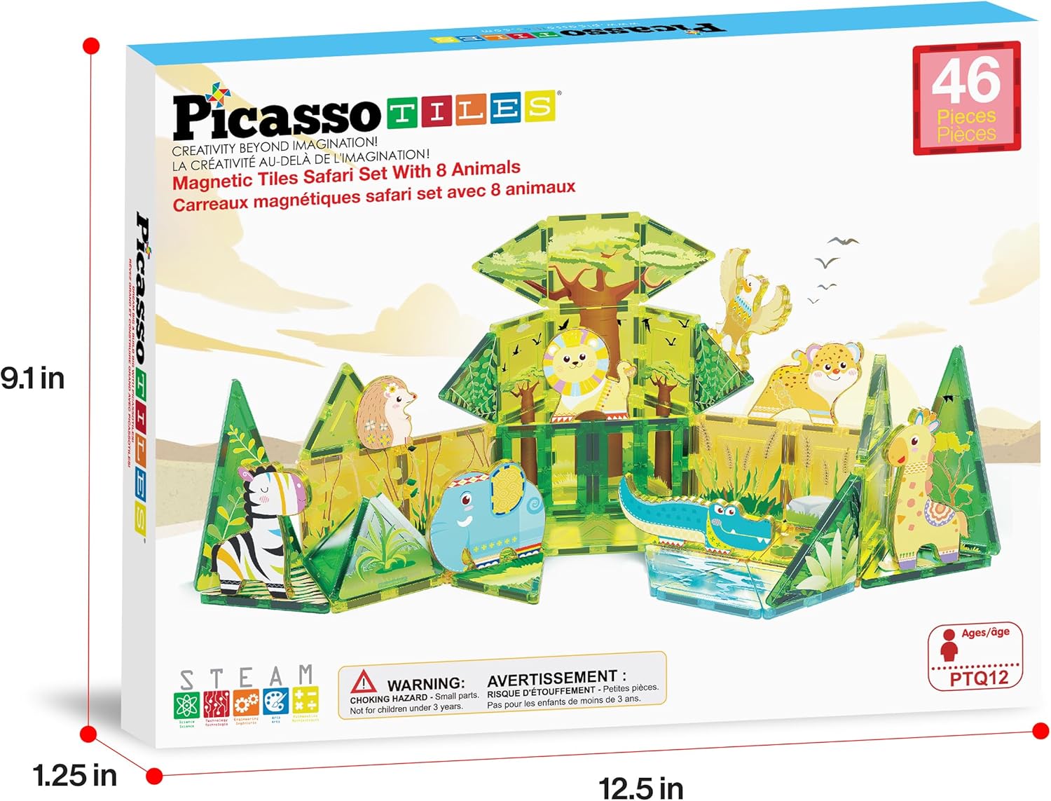 PicassoTiles PTQ12 Magneettegels, bouwblok, safari-themaset met 8 compatibele magnetische dierenactiefiguren, bouwblokken voor peuters, creatieve speelgoed, STEAM educatieve leervaardigheden, leeftijd