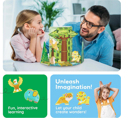 PicassoTiles PTQ12 Magneettegels, bouwblok, safari-themaset met 8 compatibele magnetische dierenactiefiguren, bouwblokken voor peuters, creatieve speelgoed, STEAM educatieve leervaardigheden, leeftijd