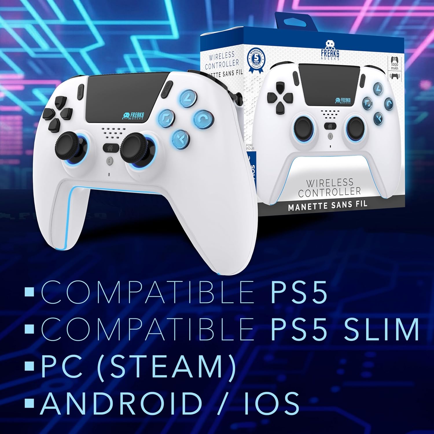 Freaks and Geeks- Bluetooth Wireless Controller for Playstation PS5 with LED